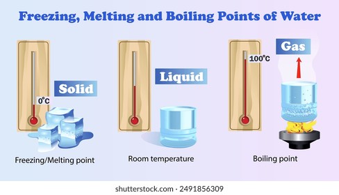 Freezing, melting and boiling points of water. Science education vector illustration