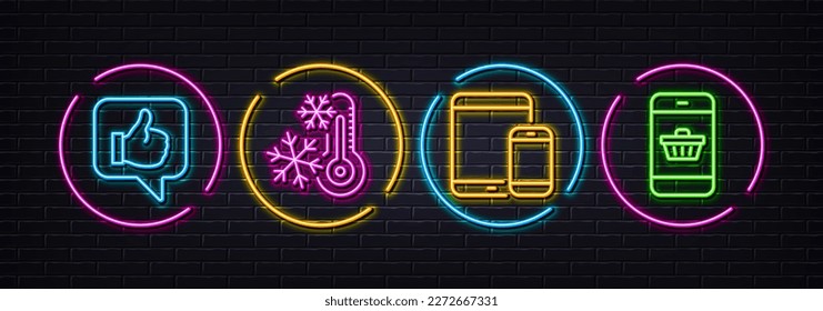 Congelación, dispositivos móviles y como iconos de línea mínimos. Luces 3d láser neón. Smartphone comprando iconos. Para web, aplicación, impresión. Aire acondicionado, Smartphone con tablet, Thumbs hacia arriba. Vector