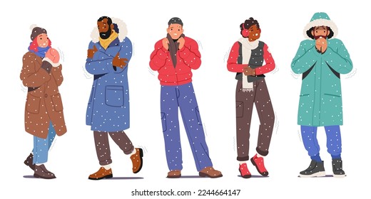 Freezing People at Cold Weather Concept. Male and Female Characters Wearing Warm Winter Clothes Suffering of Low Minus Degree Temperature, Wintertime Season Freeze. Cartoon Vector Illustration