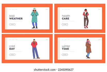 Freezing People at Cold Weather Landing Page Template Set. Male and Female Characters Wearing Warm Winter Clothes Suffering of Low Temperature, Wintertime Season Freeze. Cartoon Vector Illustration