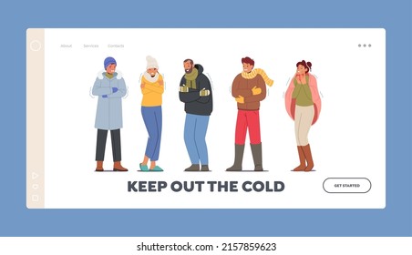 Freezing People Landing Page Template. Male and Female Characters Wearing Warm Winter Clothes Suffering of Cold Weather Low Minus Degrees Temperature, Wintertime Freeze. Cartoon Vector Illustration