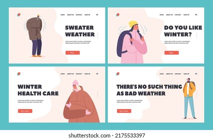 Freezing People at Wintertime Landing Page Template Set. Cold Weather Concept. Male and Female Characters Wear Warm Clothes Suffering of Low Minus Degrees Temperature. Cartoon Vector Illustration