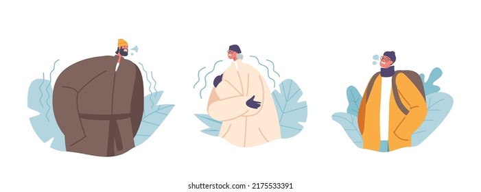 Freezing People at Wintertime Season Freeze, Senior, Adult and Young Male and Female Characters Wear Warm Winter Clothes Suffering of Low Minus Degrees Temperature. Cartoon Vector Illustration