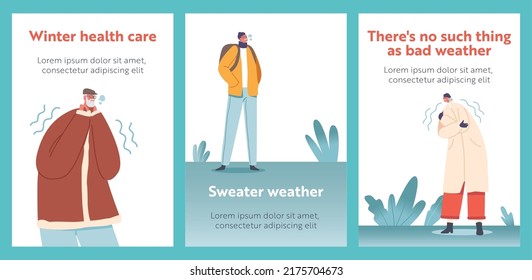 Freezing People at Wintertime Season Freeze Cartoon Banners, Cold Weather Concept. Male and Female Characters Wear Warm Winter Clothes Suffering of Low Minus Degrees Temperature. Vector Posters