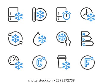 Iconos de línea vectorial de congelación y refrigeración. Frigorífico, congelador y refrigerador y conjunto de iconos de contorno.