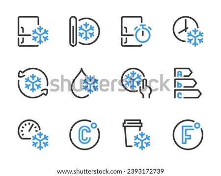 Freezing and Refrigeration vector line icons. Fridge, Freezer and Refrigerator and outline icon set.