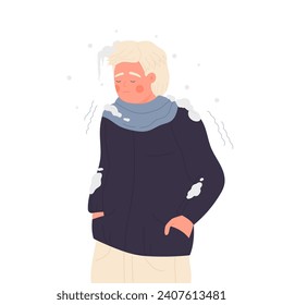 Freezing sad boy under snowing weather. Young man feeling cold winter temperature cartoon vector illustration