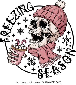 Freezing Season, Christmas Skull, Pink Skull, Skeleton Christmas, Skull Coffee Christmas, Funny Christmas.