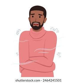 Freezing and shivering black man on winter cold. Flat vector illustration isolated on white background