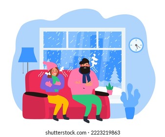 freezing and shivering couple sitting at home in warm clothes winter weather heating energy crisis vector illustration