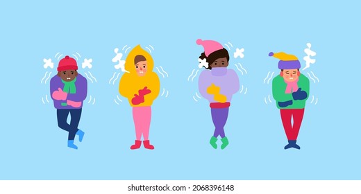 freezing and shivering  kids boy  and girls in winter cold weather vector illustration