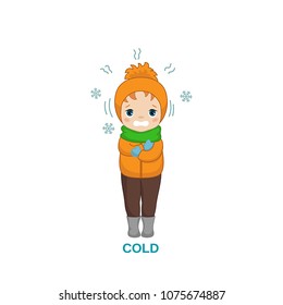 Freezing and shivering young boy on winter cold. Cartoon style illustration isolated on white background.