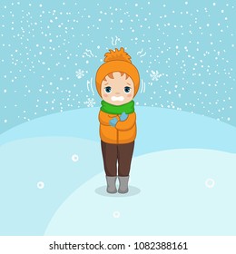 Freezing and shivering young boy on winter cold. Cartoon style illustration. Winter landscape.