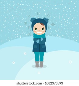 Freezing and shivering young girl on winter cold. Cartoon style illustration. Winter landscape.