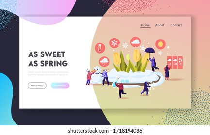 Freezing Spring and Climate Change Landing Page Template. Tiny Characters Walking near Flower Bed Covered with Snow. People Carry Thermometer and Umbrella, Make Snowman. Cartoon Vector Illustration