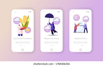 Freezing Spring and Climate Change Mobile App Page Onboard Screen Template. Tiny Male and Female Characters Walking with Flowers and Umbrella, Make Snowman Concept. Cartoon People Vector Illustration