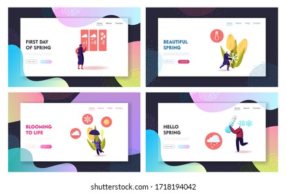 Freezing Spring and Cold Weather Landing Page Template Set. Tiny Characters Walking near Flower Bed Covered with Snow. People Make Snowman, Carry Thermometer and Umbrella. Cartoon Vector Illustration