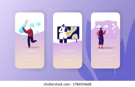 Plantilla de pantalla de la página de aplicación móvil Freezing Spring Weather Mobile. Un hombre pequeño con un termómetro gigantesco, un reportero meteorólogo pronosticando personajes de Nieve y Lluvia. Ilustración de vectores de personas de caricatura