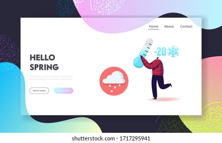 Plantilla de página de aterrizaje de Springtime congelado. Feliz personaje masculino con gran espectáculo de termómetro de menos veinte grados y con copos de nieve en caída. Temporada de la Primavera Fría. Ilustración de vectores de caricatura