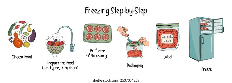 Freezing stages. Timeline infographic of home preserving process. Home canning, food preservation concept. Hand drawn doodle style vector illustration.
