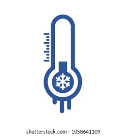 Freezing temperature shows by a flat blue thermometer sign with snowflake sign