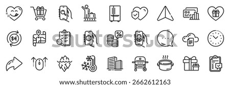 Freezing, Time management and Romantic gift line icons pack. Share, Message, Paper plane icons. 3d app, Swipe up, Checklist web icon. Refrigerator, Gas grill, Money currency pictogram. Vector