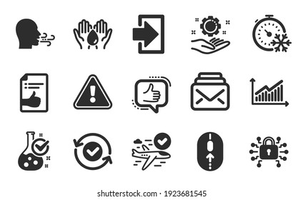 Freezing timer, Confirmed flight and Breathing exercise icons simple set. Swipe up, Security confirmed and Graph signs. Approved document, Chemistry lab and Like symbols. Flat icons set. Vector