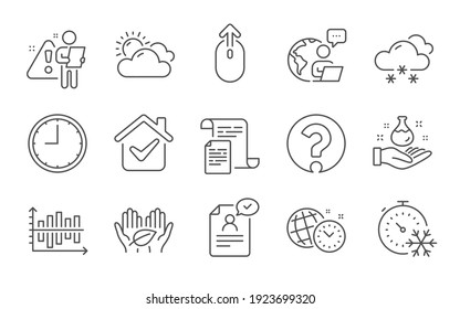 Freezing timer, Time management and Question mark line icons set. Swipe up, Chemistry lab and Documents signs. Diagram chart, Time and Resume document symbols. Line icons set. Vector