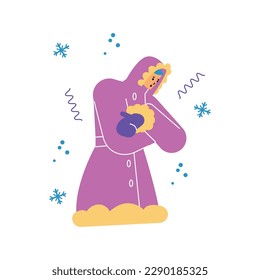 Freezing trembling woman in pink coat flat style, vector illustration isolated on white background. Cold weather, winter season, snowflakes, design element