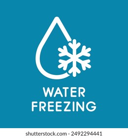 Símbolo de línea plana de Vector de agua helada sobre fondo azul. Gota de agua con copo de nieve. Icono de temperatura fría.