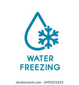 Freezing Water Vector Flat Line Symbol on White Background. Water Drop with Snowflake. Cold Temperature Icon.	