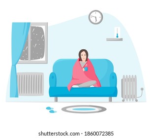 Freezing woman in cold apartment in winter. Girl wrapped in blanket sits on sofa. Using radiator and heater when cold inside. Self isolation on cold depressing weather. Flat style vector.