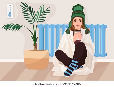 Freezing woman in cold apartment in winter. Girl wrapped in blanket. Using radiator and heater when cold inside. Self isolation on cold depressing weather. Vector illustration.