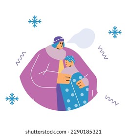 Freezing woman hug kid boy flat style, vector illustration isolated on white background. Winter season, snowflakes, mother and son, cold weather. Design element