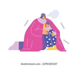 Freezing woman hugging sad child flat style, vector illustration isolated on white background. Steam cloud from breathing, cold weather, mother and son, design element