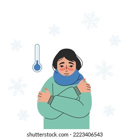 The freezing woman isolated. A person with a low-temperature thermometer and snowflakes in the background. Semi-flat vector illustration.