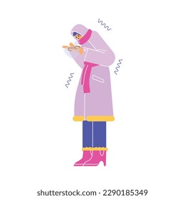 Freezing woman in pink coat trying warm hands with breath flat style, vector illustration isolated on white background. Cold weather, design element, season