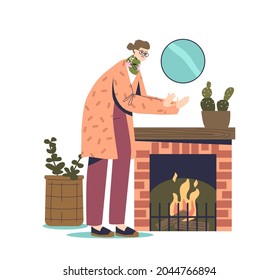 Freezing woman warming hands at fireplace wearing warm clothes indoors suffer from cold at home during heating season in winter. Cartoon flat vector illustration