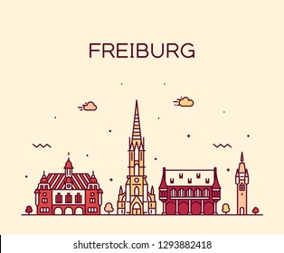 Freiburg im Breisgau skyline, Baden-Württemberg, Germany. Trendy vector illustration, linear style