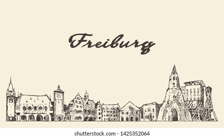 Freiburg im Breisgau skyline, Baden-Württemberg, Germany, hand drawn vector illustration, sketch