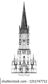 Freiburg Minster (Freiburger Munster) - cathedral of Freiburg im Breisgau, southwest Germany - middle age gothic architecture style christian church - outline black and white vector illustration