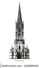 Freiburg Minster (Freiburger Munster) - cathedral of Freiburg im Breisgau, southwest Germany - middle age gothic architecture style christian church -  black and white hand drawn vector illustration