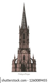 Freiburg Minster (Freiburger Munster) - cathedral of Freiburg im Breisgau, southwest Germany - middle age gothic architecture style christian church -  black and white hand drawn vector illustration