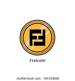 Freicoin cryptocurrency flat color line icon. Vector illustration of gold currency - frei coin on isolated background. Vitrtual or digital money symbol, sign, image, emblem, logo, element, label.