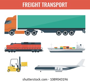 Freigh transportation icons. Truck, train, ship, airplane, forklift. Flat design. Vector illustration