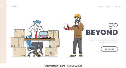 Freight Accounting and Management Landing Page Template. Inventory Manager Characters Work in Warehouse with Boxes and Pc Checking List of Goods for Distribution. Linear People Vector Illustration