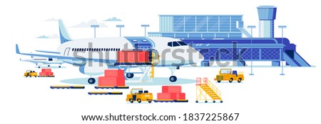 Freight Aircrafting and Cargo Transportation Background. Airport Terminal Building with Loaders Trucks Loading Bulky Goods Containers in Airplane Cargo Hold. Flat Cartoon Vector Illustration.