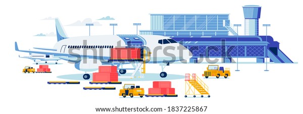 Freight Aircrafting and Cargo\
Transportation Background. Airport Terminal Building with Loaders\
Trucks Loading Bulky Goods Containers in Airplane Cargo Hold. Flat\
Cartoon Vector\
Illustration.