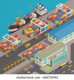 Freight barge moored at harbor wharf quayside pier loading with colorful cargo containers isometric composition vector illustration 