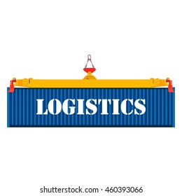 Freight blue container on crane at the dock vector illustration. Container with text logistics